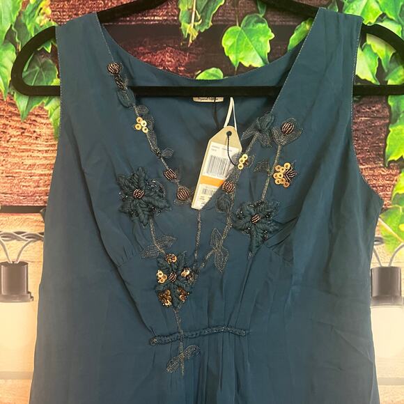 Max Studio Silk Chiffon Sleeveless Midi Dress Small Peacock Blue Beaded Holiday - Picture 2 of 4